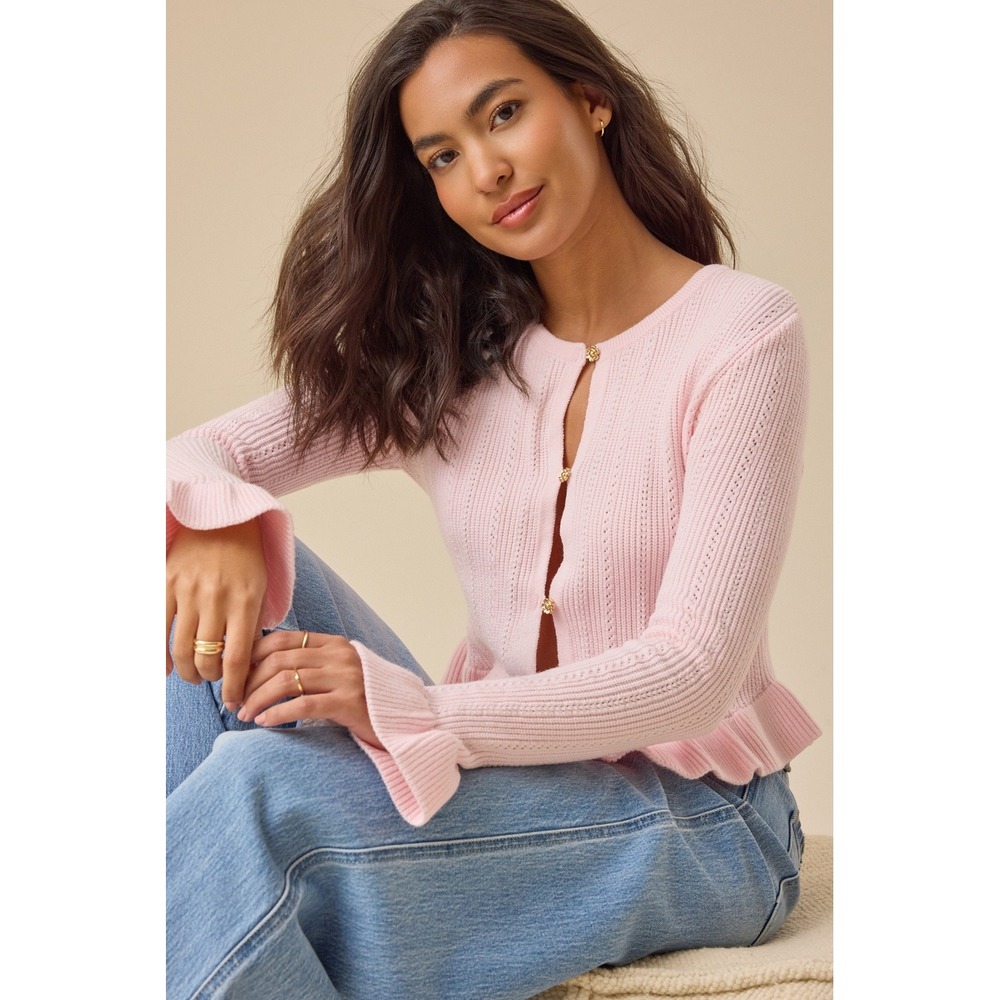 Altar'd State Pink Pointelle Peplum Cardigan Flower Button Sweater Size Small